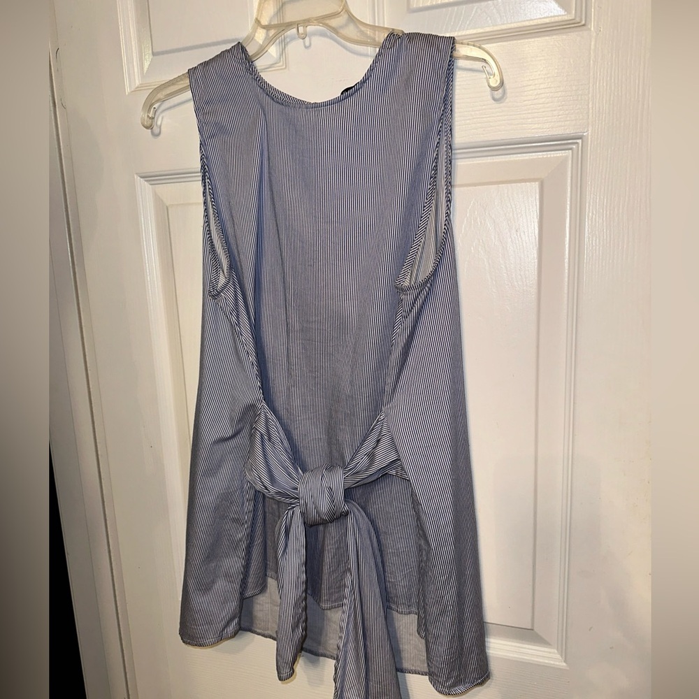 Como Black XL Blue And White Striped Sleeveless Tunic Tank Top Front Ties